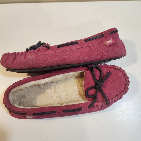 VINEYARD VINES Pink Sued Leather Faux Fur Linning Slippers size 6M - Picture 2 of 11